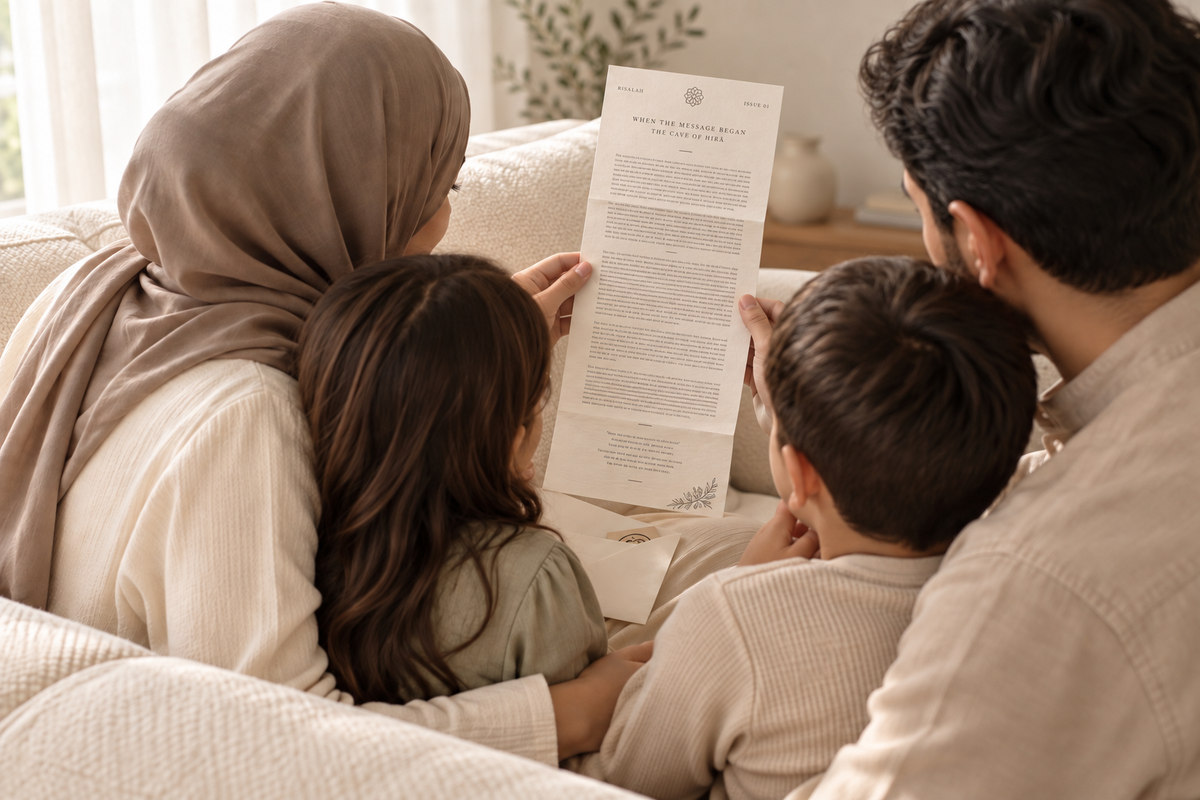 Family reading Risalah together at a table